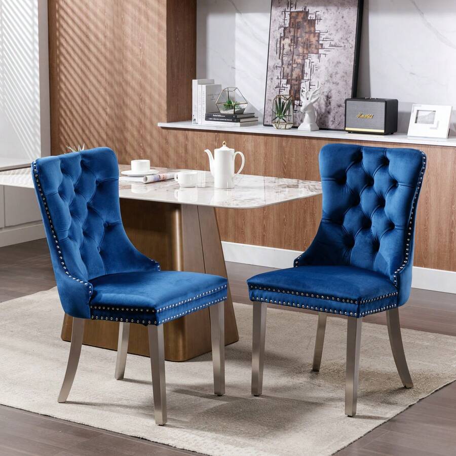 Set Of 2 65 Cm Dining Chairs In Velvet For Kitchen And Dining Room - 藍色 - 查看 1