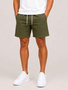 Kit 3 Premium Linen Shorts Bermuda Mauricinho Men's Casual Basic Comfortable Drawstring Waist - 軍綠色 - 查看 2