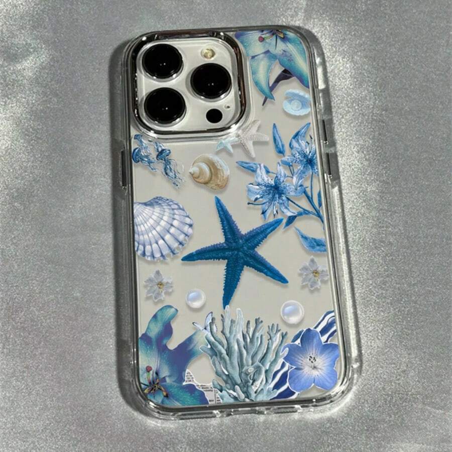 1pc Blue Starfish Shell Flower Painted Pattern Premium Frame Full Coverage Lens Anti-Drop TPU Fashion Phone Case Compatible With IPhone 11 12 13 14 15 16 17 Pro Max/Plus 7/8/XR Shockproof Protective Cover - Multicolor - View 1