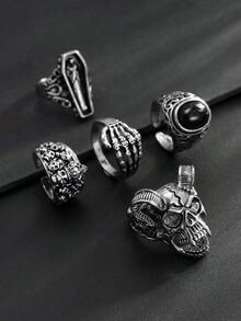 5pcs Punk Style Skull & Gemstone Decorated Ring Set For Men, Party Accessory - Antique Silver - View 6
