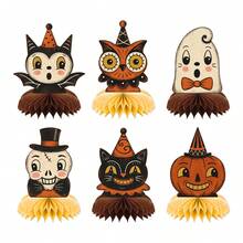6PCS Halloween Party Vintage Theme Desktop Decorations, Cartoon Vintage Theme Halloween Honeycomb Ornaments, Includes Owl, Pumpkin Head, And Skull, Suitable For Halloween Party Table Decoration, Party Supplies, Can Be Used Indoors - A - View 3