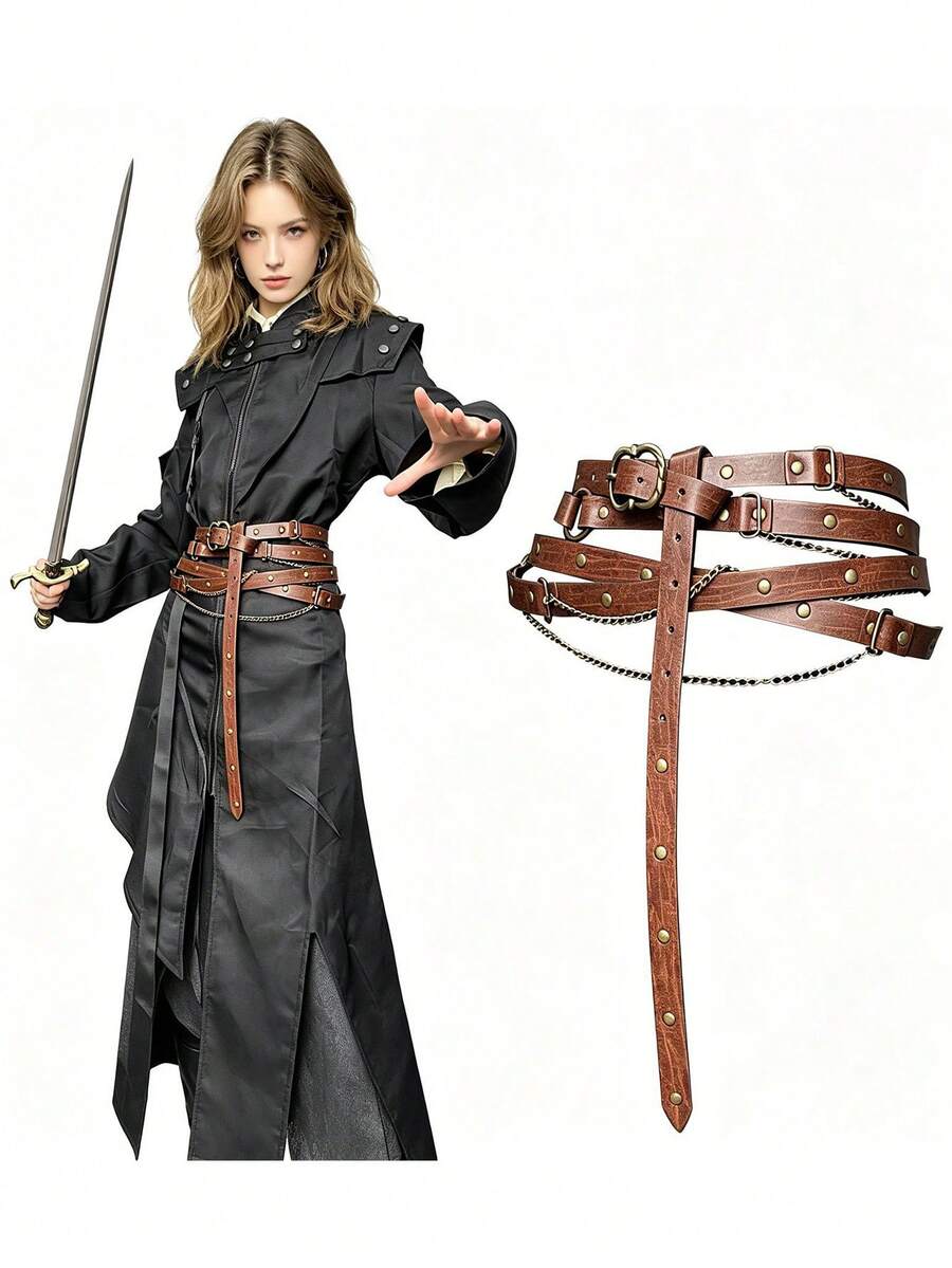 1PC Medieval Faux Leather Chain Belt Vintage Adjustable Thin Belt For Women Retro Skinny Belt For Dresses Halloween Props(Not Include The Sword) - Multicolor - View 1