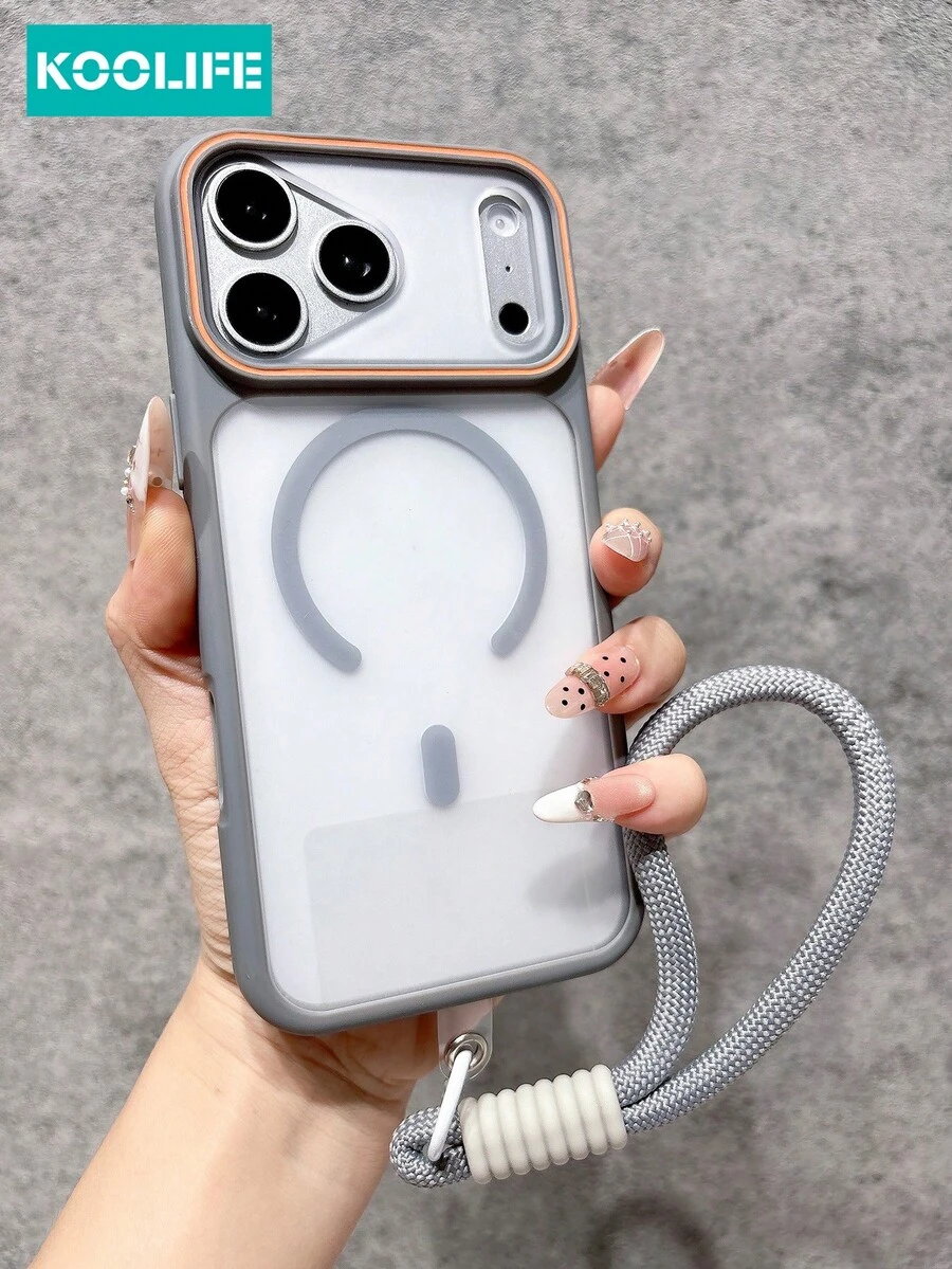 KOOLIFE Magnetic Phone Case (Cool Gray) With Woven Lanyard, Transparent PC Back Panel, Contrast Color Camera Frame, Shock-Resistant TPU+PC Structure, Modern Style, Compatible With MagSafe, Full Camera Protection, For IPhone 18 Pro/18 Pro Max/17/17 Pro/17 Pro Max/16/15/14/13/12/11
