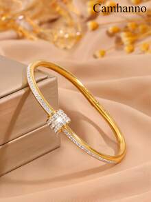 1/5Pcs Gold Plated Stainless Steel Cuff Bangles For Women, Classic Rhinestone Inlaid Stackable Bracelets, Non Tarnish Waterproof Jewelry - Gold 2 - View 8