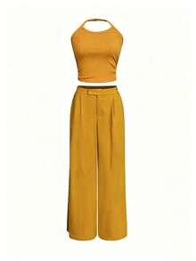 Spring/Autumn Casual Basic Minimalist U-Neck Ribbed Knit Tank Top + Wide Leg Straight Pants Women's 2 Pieces Set - Ginger - View 5
