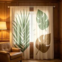 2pcs Asymmetric Plant Curtains, 2D Flat Print, Minimalist Brown & Green Tropical Leaf Design, Sheer, Polyester, Bohemian Vacation Style Rod Pocket Curtains, Suitable For Sunroom, Study, Tea Room, Cafe Commercial Space Window Decoration - Multicolor - View 2