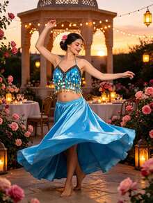 Belly Dance Coin-Embellished Halter Crop Top, Satin Full Circle Maxi Skirt For Stage Performance & Carnival - Multicolor - View 9