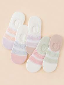 5 Pairs Random Color Women's Contrast Stripe Patchwork Breathable Low-Cut Invisible Boat Socks - Multicolor - View 3