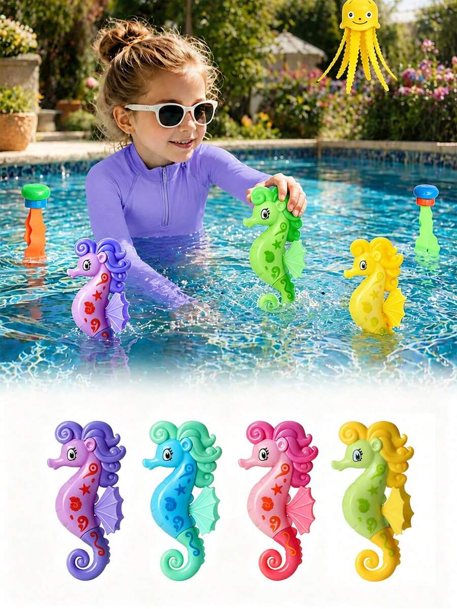 4pcs Kids Diving Toys, Underwater Diving Seahorse, Designed For Pool Play, Can Sink In Water For Kids To Dive And Pick Up, Develop Swimming Skills And Focus, Summer Swimming Diving Training Water Sports, Bright Colors, Water Game Training Gift For Boys And Girls, Popular Summer Water Game Toys