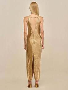 Long Party Dress With Fringe, Halter Neckline And Back Slit - Gold - View 4