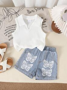 2pcs/Set Young Girls Casual Fashion Elegant Cute, Soft Comfortable, Minimalist Solid Color V-Neck Knit Vest And Butterfly Print Denim Sports Shorts, Girls Clothing Set, Children Girls Clothing, Girls Clothing, Girls Clothing, Suitable For Daily Wear, Home, Vacation, Party, Outdoor Activities - Multicolor - View 2