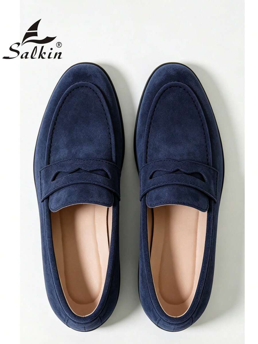 Salkin 男士奢華設計師便貨樂福鞋 一腳蹬 純色柔軟麂皮休閒鞋 平價奢華適合現代生活 舒適透氣 防滑耐磨鞋底 時尚優雅紳士社交鞋 日常穿著 學生畢業典禮 學院風 商務正裝 男士辦公室派對宴會 春夏秋季,尺寸偏小,建議選擇大一號 - 藍色 - 查看 1