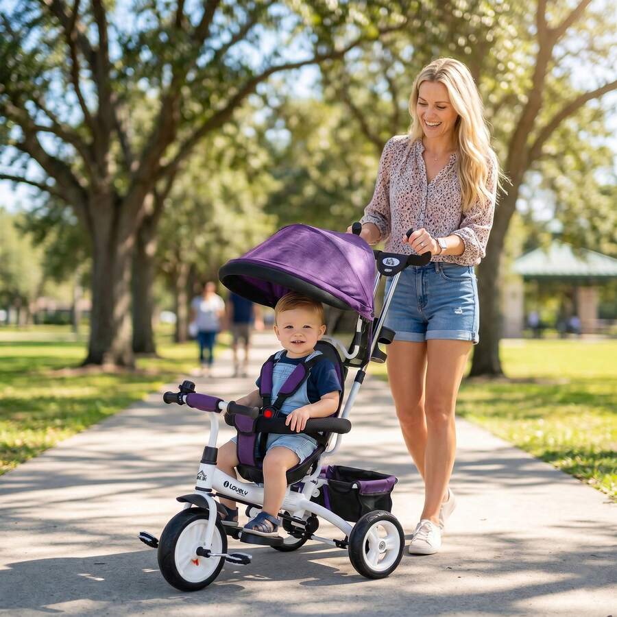 HOMCOM Triciclo Evolutivo para Bebés 6 en 1 Triciclo para Niños de 1-5 Años Bicicleta para Niños con Toldo Plegable Mango Telescópico Desmontable Cinturón de protección y Cesto 95x50x106 cm - Púrpura - Ver 1
