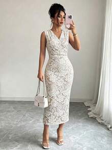 Vestido blanco para mujer, de verano, elegante, para invitada de boda, sin mangas, cuello en V, cintura ceñida, ajustado, con fruncido, estam - Blanco - Ver 4