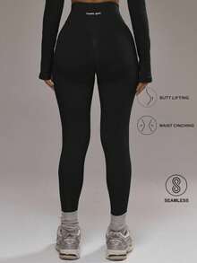 Sport Leggings sin costuras de talle alto, solo parte inferior, ropa deportiva de invierno para pádel, gimnasio y entrenamiento - Negro - Ver 1