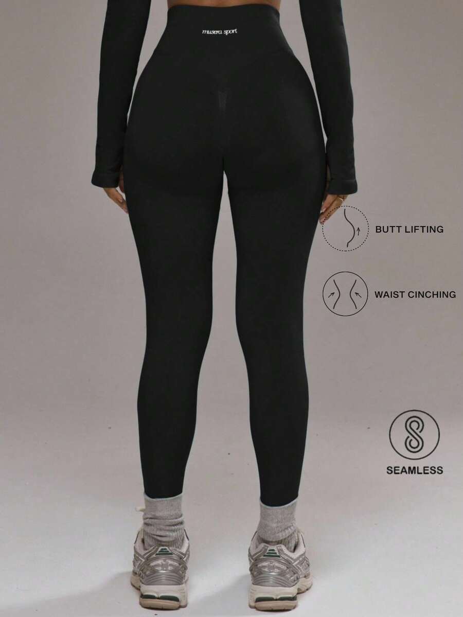 Sport Leggings sin costuras de talle alto, solo parte inferior, ropa deportiva de invierno para pádel, gimnasio y entrenamiento - Negro - Ver 1
