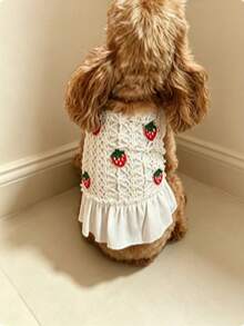 Spring/Summer Breathable Crochet Fabric Pet Cat/Dog Harness Dress, Strawberry Decor, Ruffle Hem Design - Apricot - View 3