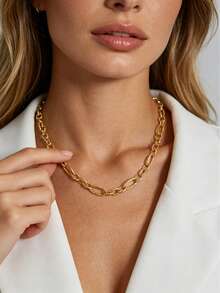MECYLIFE 1pc Exaggerated Personalized Paperclip Chain Necklace, Gold Color Stainless Steel Chain Necklace, Adjustable Women's Necklace, Gold Jewelry - Yellow Gold - View 2