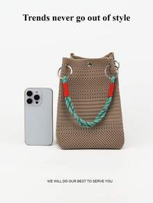 This Color-Block Casual Women's Handbag Features Black And White Woven Rope Handle Design, Perfect For Working Women, Teachers And Students - Brown - View 5