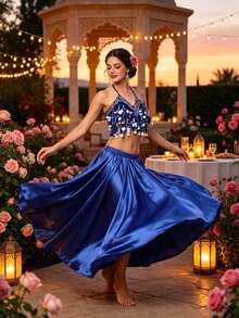 Belly Dance Coin-Embellished Halter Crop Top, Satin Full Circle Maxi Skirt For Stage Performance & Carnival - Multicolor - View 6