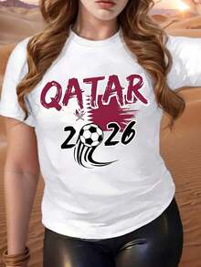 Camiseta NEWT-Shirt Qatar 2026 con diseño de fútbol, estampado de la bandera nacional y el balón de fútbol, adecuada para eventos deportivos, reuniones de fans y uso casual. Camiseta de la C - Blanco - Ver 1