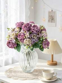 1 Stück künstlicher Rosenstrauß, geeignet für Frühlings- und Herbstdekoration, Hochzeitsvase, Zuhause, Restaurant, Schlafzimmer, Küche, Badezimmer Dekoration, Muttertagsgeschenk, Feiertags- und Geburtstagsparty-Zubehör, Outdoor-Gartendekoration - Violett - Übersicht 9