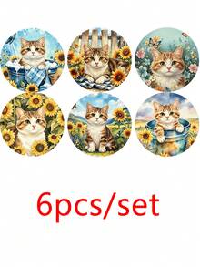 1/6pcs Cute Farm Cat Print Wooden Coasters, Rustic Sunflower Kitten Drink Coaster Set, Coffee Table Heat-Insulating Coasters, Home Decor, Kitchen Bar, Party Tabletop Protection, Non-Slip Beverage Coasters, Cat Lover Housewarming Gift - Multicolor - View 10