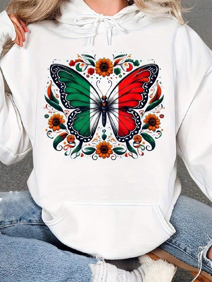 Sudadera con estampado de mariposa y caléndula de la bandera mexicana - Verde, Blanco, Rojo, Sudadera tradicional mexicana, corte ajustado unisex, adecuada para el Cinco de Mayo, Día de Muer - Blanco - Ver 1