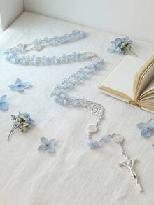 1pc Fashion Women's Y-Shaped Rosary Necklace, Blue Cat Eye Bead Vintage Virgin Mary Cross Pendant Y-Shaped Necklace, Catholic Religious Prayer Beads, Y2K Elegant Daily Decorative Jewelry, Valentine's Day, Mother's Day, Baptism Gift - Baby Blue - View 11