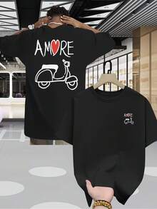 Tops,Men'S Summer Casual Short Sleeve T-Shirt - AMORE Italian Stallion Motorcycle Pattern Print Front And Back Design, 2D Heat Transfer - 白色 - 查看 6