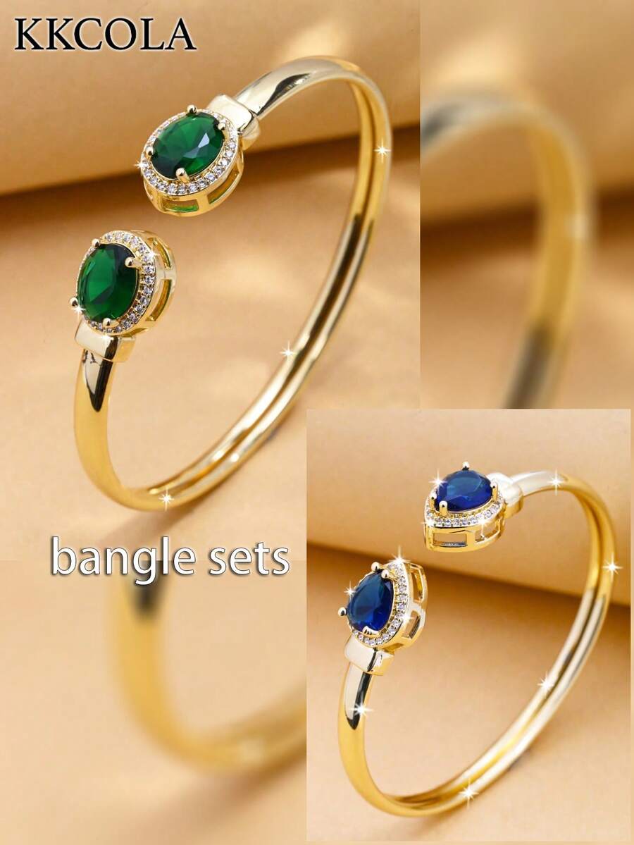 KKCOLA 2pcs Summer Fashion Geometric Green Zirconia Bracelets, Party Vacation Beach Jewelry For Women, Holiday Gift - Yellow Gold - View 1