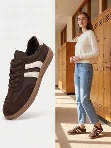 Women's Dark Brown Faux Suede Vintage Lace-Up Sneakers, Casual Low-Top Flat Sneakers, Rubber Sole, Anti-Slip Comfortable Walking Shoes, Streetwear, Autumn/Winter - Brown - View 4
