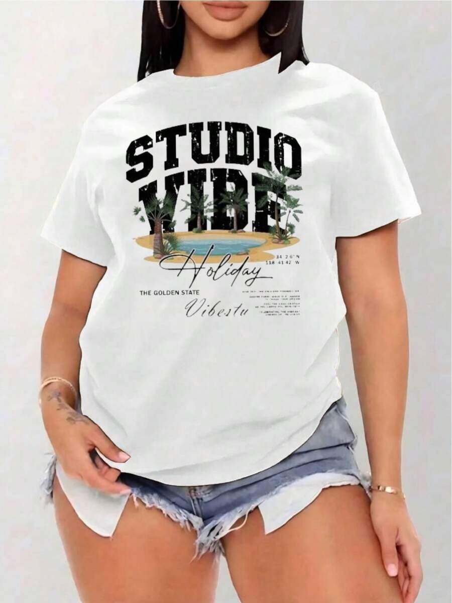 Camiseta de verano para mujer YOCASA con cuello redondo y manga corta, estampado de pintura al óleo, diseños florales, de corazón, de cereza y de letras, estilo casual, sencillo y deportivo - YH112-blanco - Ver 1