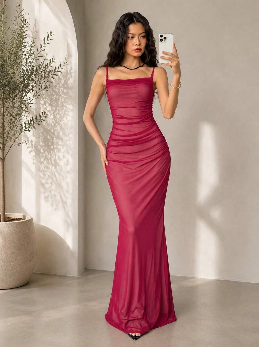 Yunuo Menswear Vestido de slip maxi elegante con ajuste ceñido, dobladillo de cola de pez y pliegues en unicolor para mujer - Burdeos - Ver 1
