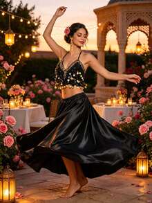 Belly Dance Coin-Embellished Halter Crop Top, Satin Full Circle Maxi Skirt For Stage Performance & Carnival - Multicolor - View 5