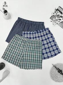3件組男士薄款格紋印花彈性舒適四角內褲，透氣腰帶短褲，多色套裝，長款睡褲 - 彩色 - 查看 2