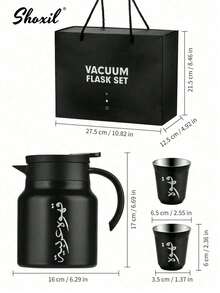 shoxil 3-Piece Stainless Steel Arabic Coffee Pot Set - 1000ml Vacuum Insulated Coffee Pot With 2 Double-Wall Cups, Heat And Cold Resistant, Traditional Gift, Suitable For Home, Office, Hospitality And Other Occasions - Black - View 10