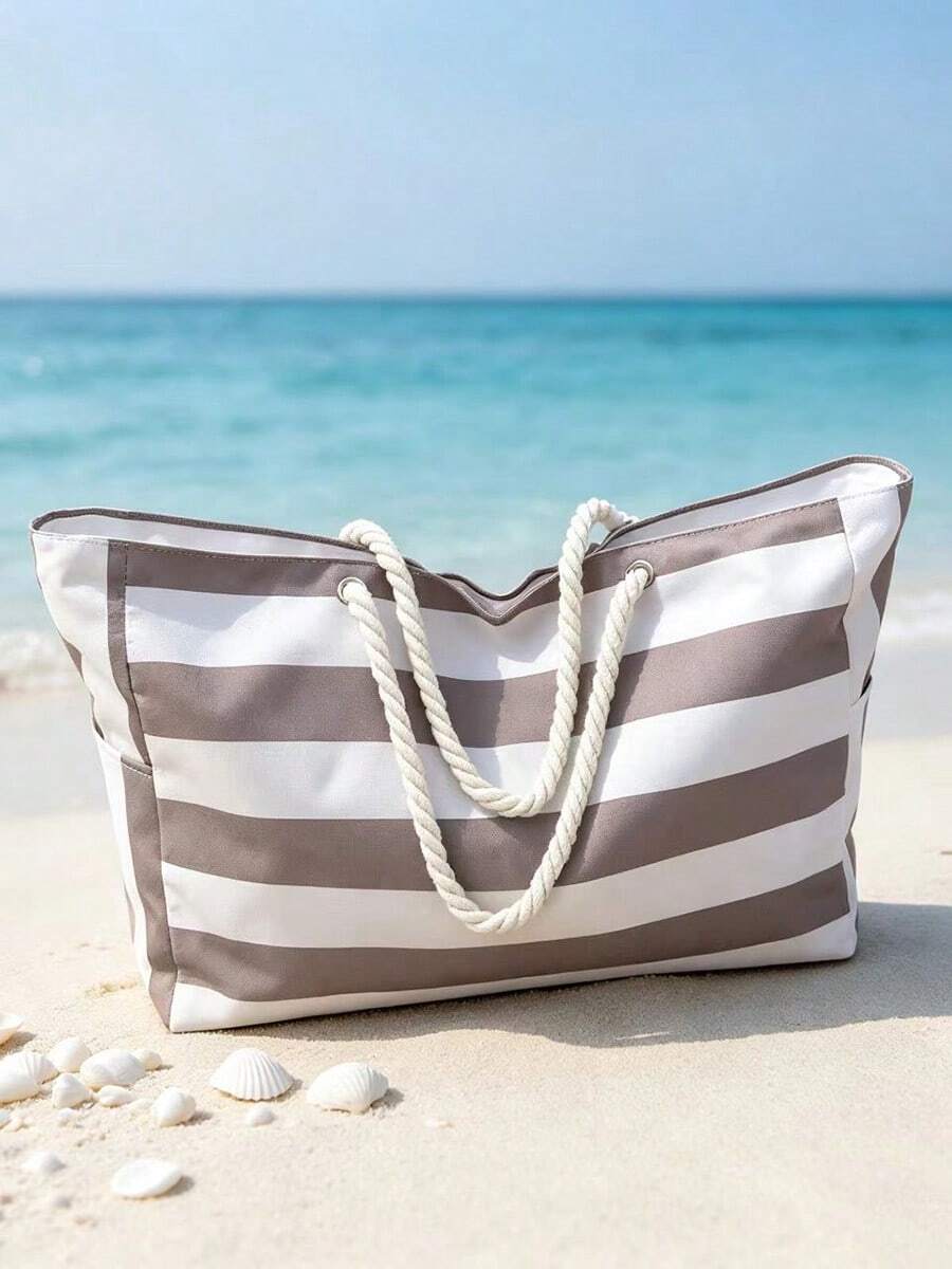 Large Waterproof Beach Tote Bag With Zipper And Sand-Proof Design, Suitable For Swimming Pool, Random Pattern, School Backpack, Portable, Large Capacity, Suitable For Teenage Girls, Women, College Students, University, Middle School, High School, Outdoor, Travel, Outing, Work, Business, Commute, Holiday, Shopping - Light Khaki - View 1