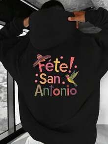¡Fete! Sudadera con capucha para hombre San Antonio Culture| Sudadera negra de estilo mexicano, con estampado de mariachi, sombrero mexicano y texto en español, una sudadera holgada e inform - Negro - Ver 1