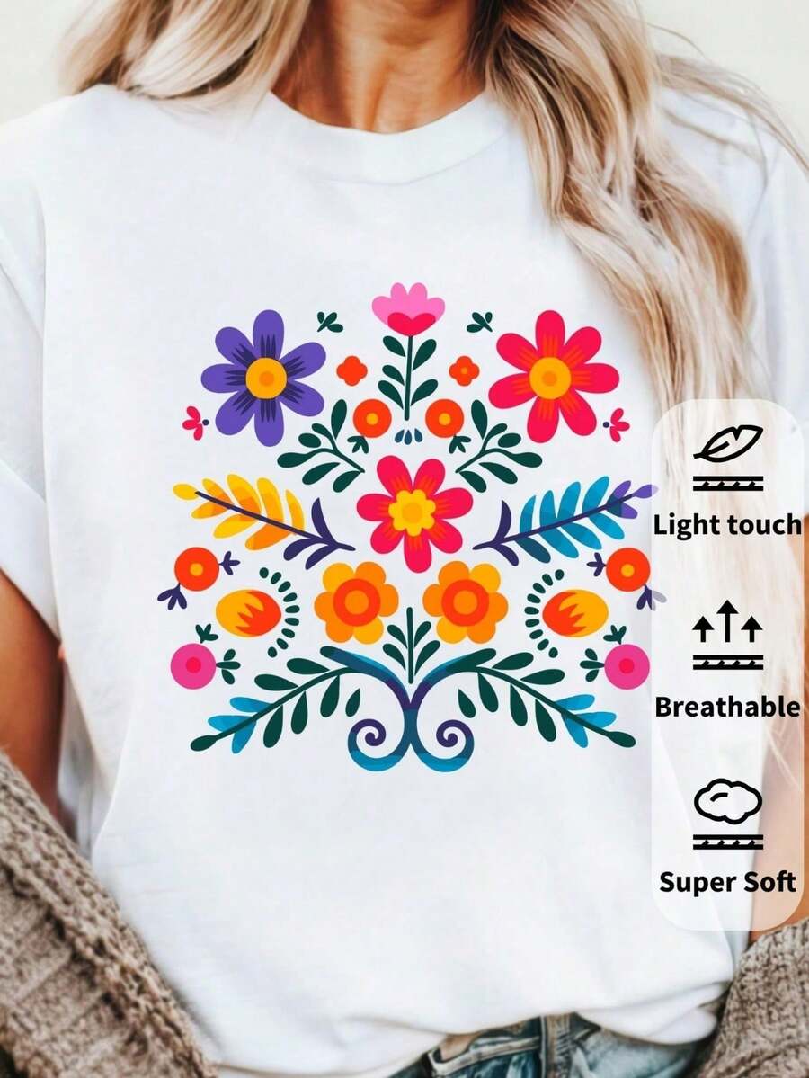 NewSummerCasualNueva camiseta de mujer para otoño-invierno, de manga corta con cuello redondo, ideal como prenda básica. Con diseño holgado y estampado moderno, hecha de algodón puro de alta - Blanco-5 - Ver 1