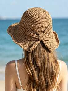 1pc Bow Handmade Crochet Straw Bucket Hat For Women, Summer Wide Brim Sun Protection Beach Hat, Foldable Vacation Sun Hat - Straw Hat With Bow - View 2