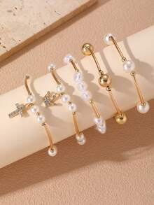 Juego de 5 piezas/Set de pulseras con corona, cruz, perlas y pedrería para niñas, adecuado para decoración diaria - Multicolor - Ver 1