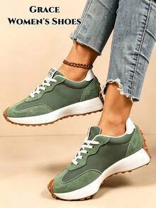 Women's Lightweight Running Shoes, Lace-Up Closure, Multi-Functional Flat Sole, Breathable Stitching Design, Multiple Colors Available, All-Season Outdoor Shoes - Green - View 5