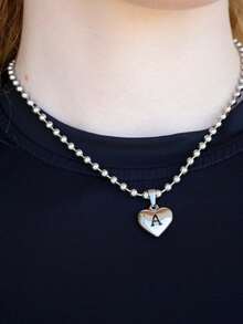 Heart Initial Necklace For Women, A-Z Alphabet Letter Heart Pendant Ball Bead Chain Dainty Personalized Name Initial Jewelry Gift - Silver X - View 5
