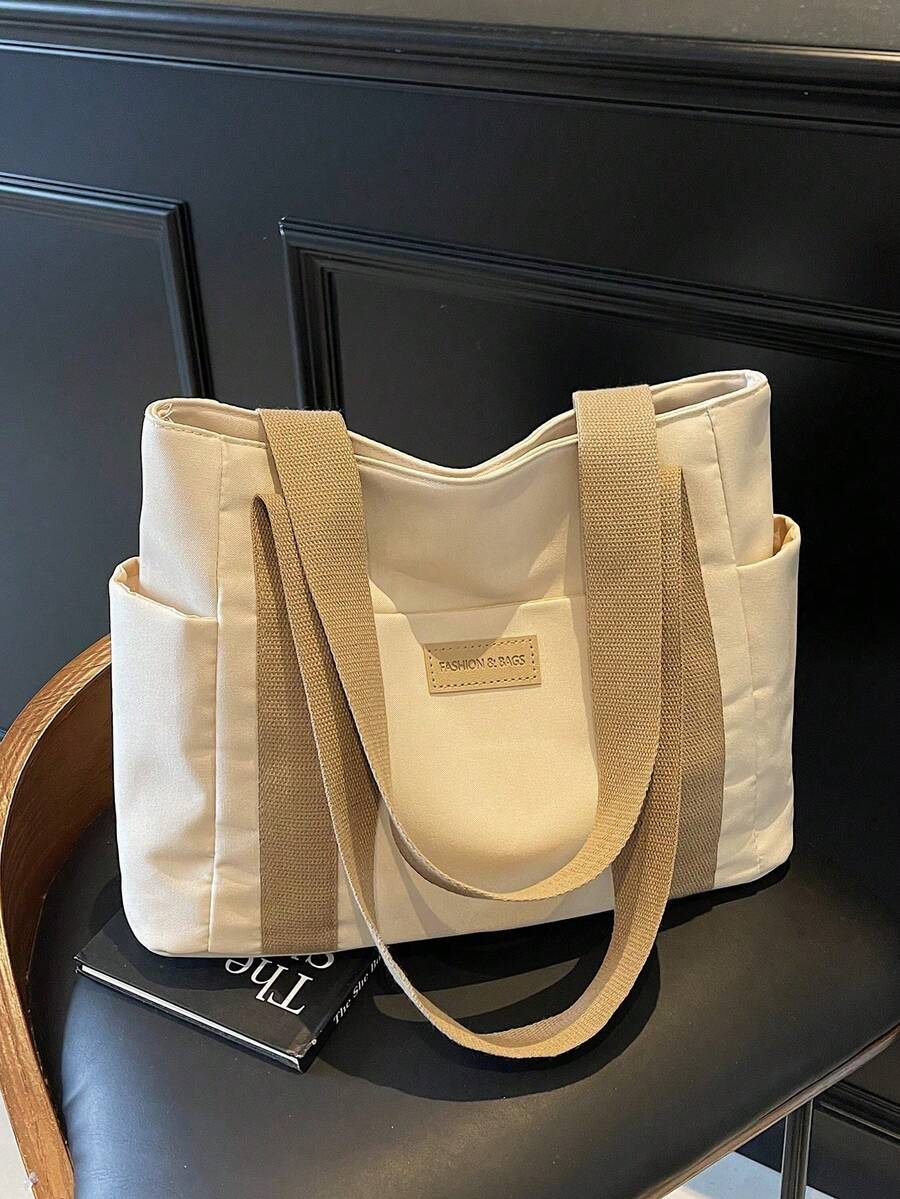 Bolso Mensajero Ligero, Elegante y Casual, con Múltiples Bolsillos y Decoración de Letras, Simple, de Gran Capacidad y un Solo Compartimento. - Beige - Ver 1