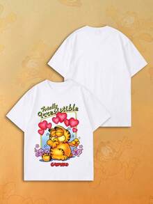 SHEIN | Garfield 女款愛心花卉可愛卡通標語印花圓領T恤，寬鬆休閒街頭風短袖上衣，適合約會、情人節及日常穿著 - 白色 - 查看 7