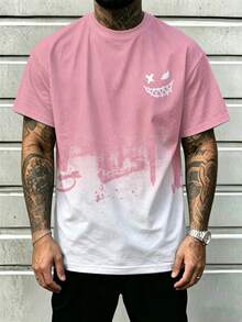 Men's Plus Size Summer Gothic Style Patchwork Contrast Color Short Sleeve Crew Neck T-Shirt - Pink - View 4