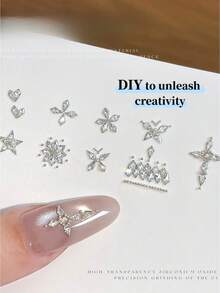 50 piezas de strass para uñas con base plana en forma de cometa y flecha, súper brillantes, mezcla de flores, mariposas, cruces y estrellas, gemas de circonita para uñas, dijes para uñas - Blanco - Ver 3