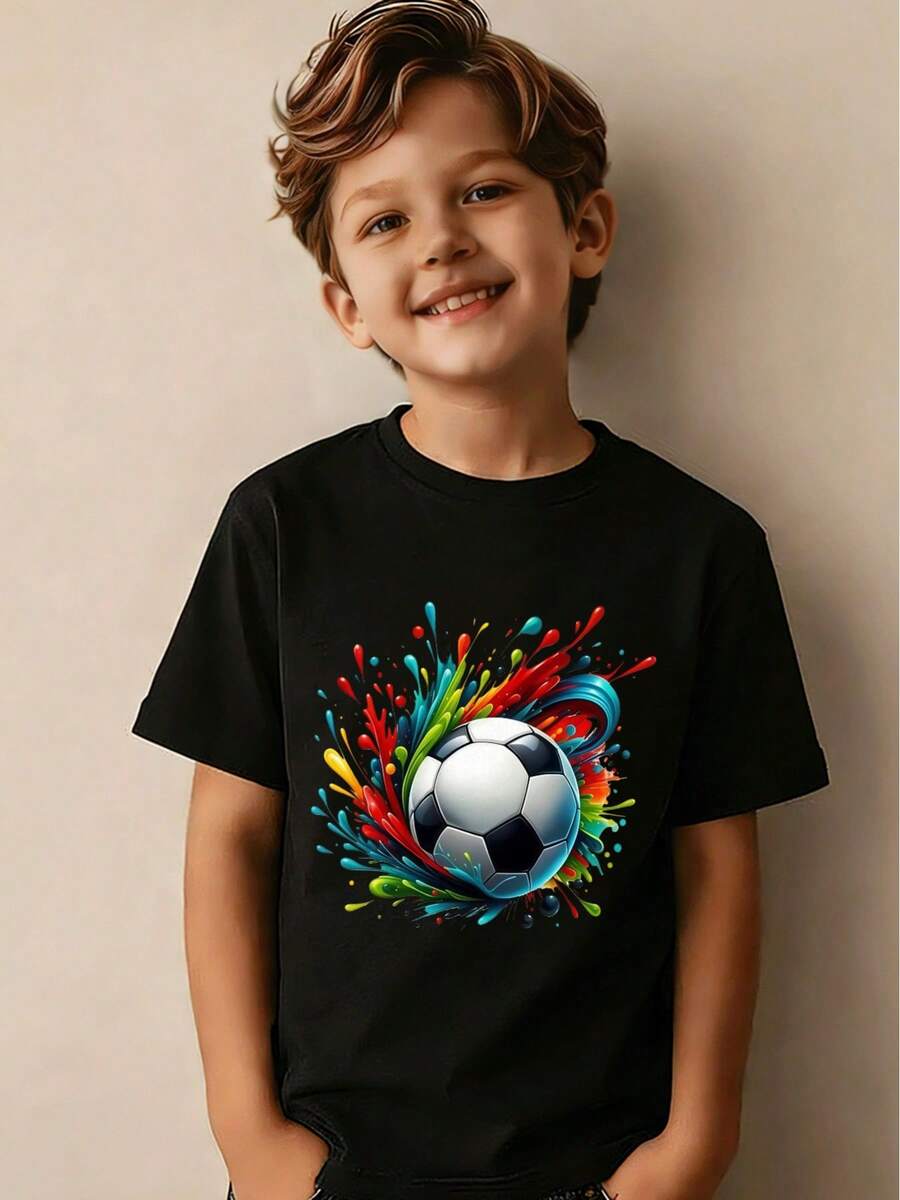 Camiseta de Fútbol con Estampado Colorido, Suave, Cómoda, Transpirable y Amigable con la Piel. Un Atuendo de Verano Moderno para Niños, Perfecto para Deportes - Negro - Ver 1