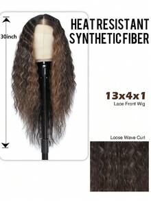 13*4*1 Lange Wellenhaar Synthetische Hitzebeständige Front Lace Perücke 30 Zoll Braun Alltagshochwertige Damen Perücken Natürliches Aussehen Hochwertige Synthetische Weiche Anfängerfreundliche Perücken - Ombre-Braun - Übersicht 3